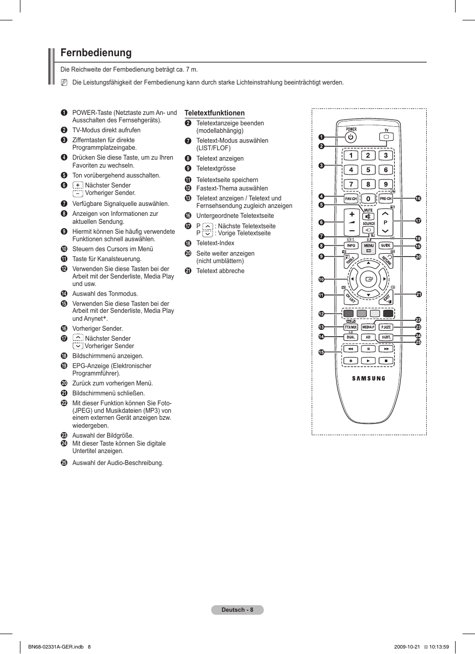 Fernbedienung | Samsung PS50B551T3W User Manual | Page 107 / 419