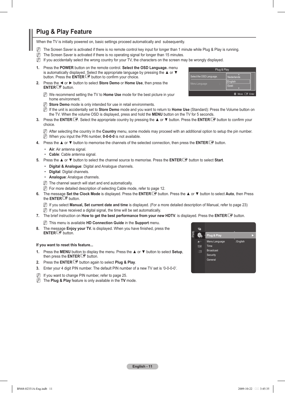 Plug & play feature | Samsung PS50B551T3W User Manual | Page 11 / 419