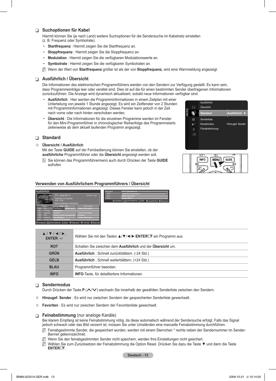 Suchoptionen für kabel, Ausführlich / übersicht, Standard | Sendermodus, Feinabstimmung ❑ (nur analoge kanäle) | Samsung PS50B551T3W User Manual | Page 112 / 419