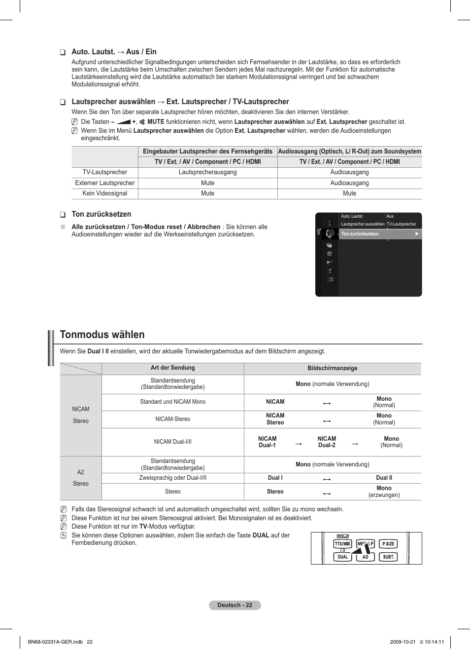 Tonmodus wählen | Samsung PS50B551T3W User Manual | Page 121 / 419