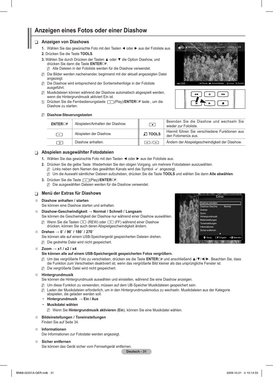 Anzeigen eines fotos oder einer diashow, Anzeigen von diashows, Abspielen ausgewählter fotodateien | Menü der extras für diashows | Samsung PS50B551T3W User Manual | Page 130 / 419