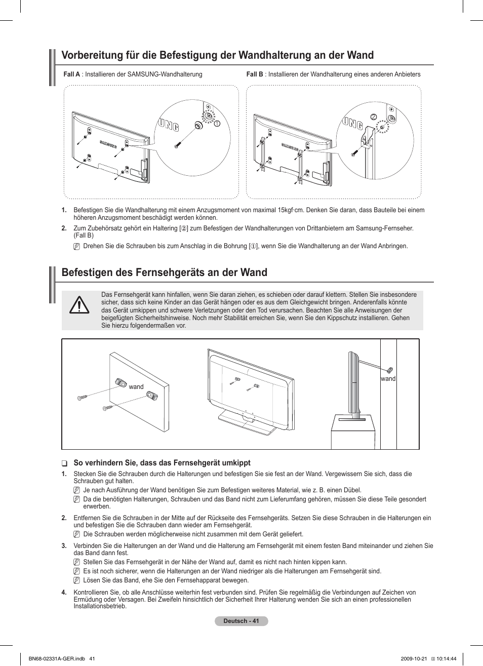 경고 주의 경고 주의, Befestigen des fernsehgeräts an der wand | Samsung PS50B551T3W User Manual | Page 140 / 419