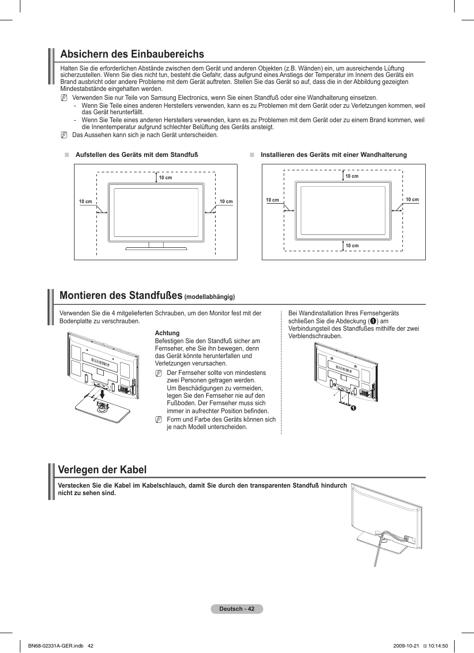 Absichern des einbaubereichs, Montieren des standfußes, Verlegen der kabel | Samsung PS50B551T3W User Manual | Page 141 / 419