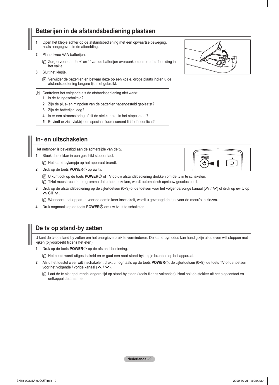 Batterijen in de afstandsbediening plaatsen, In- en uitschakelen, De tv op stand-by zetten | Samsung PS50B551T3W User Manual | Page 153 / 419