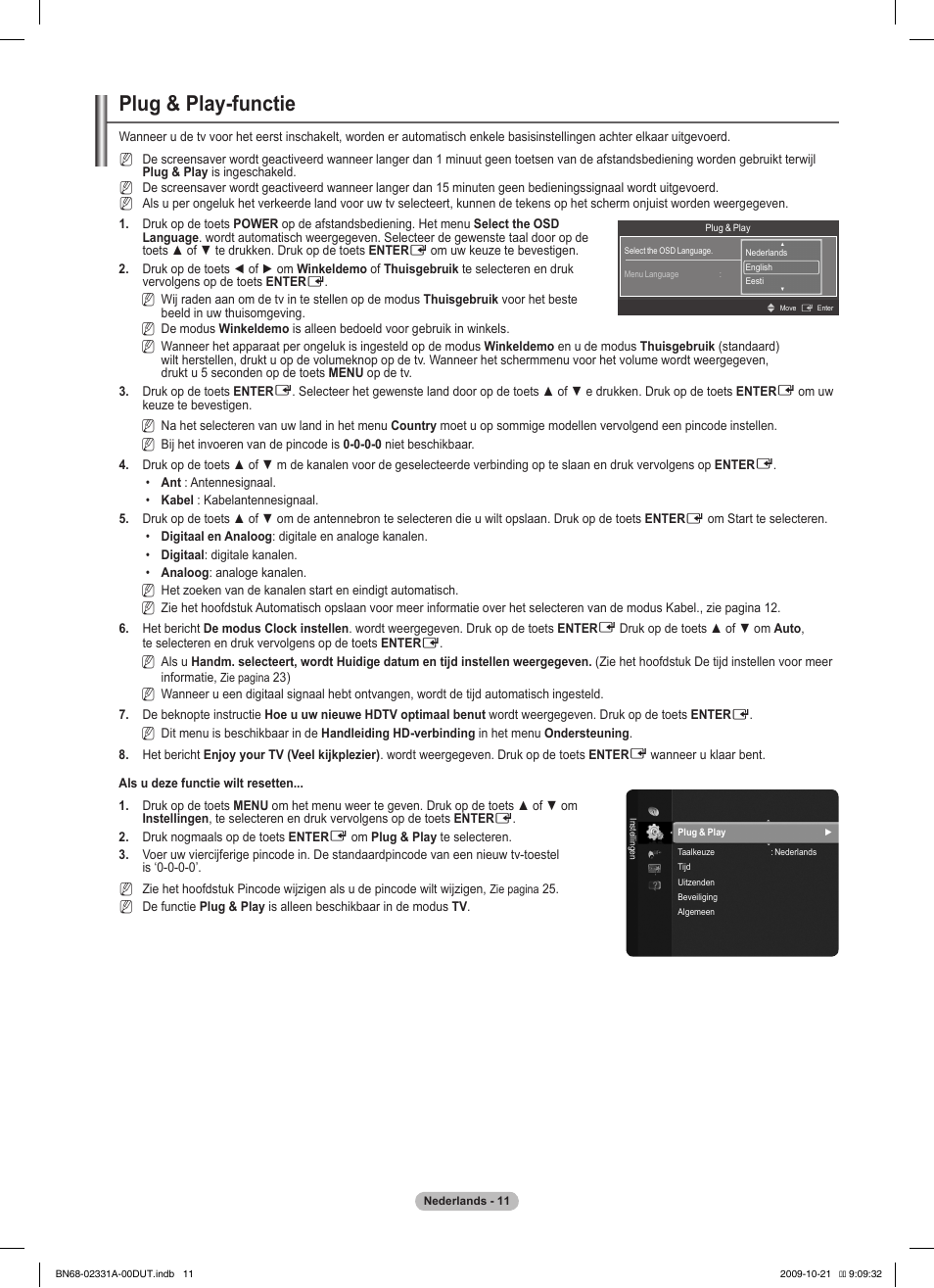 Plug & play-functie | Samsung PS50B551T3W User Manual | Page 155 / 419