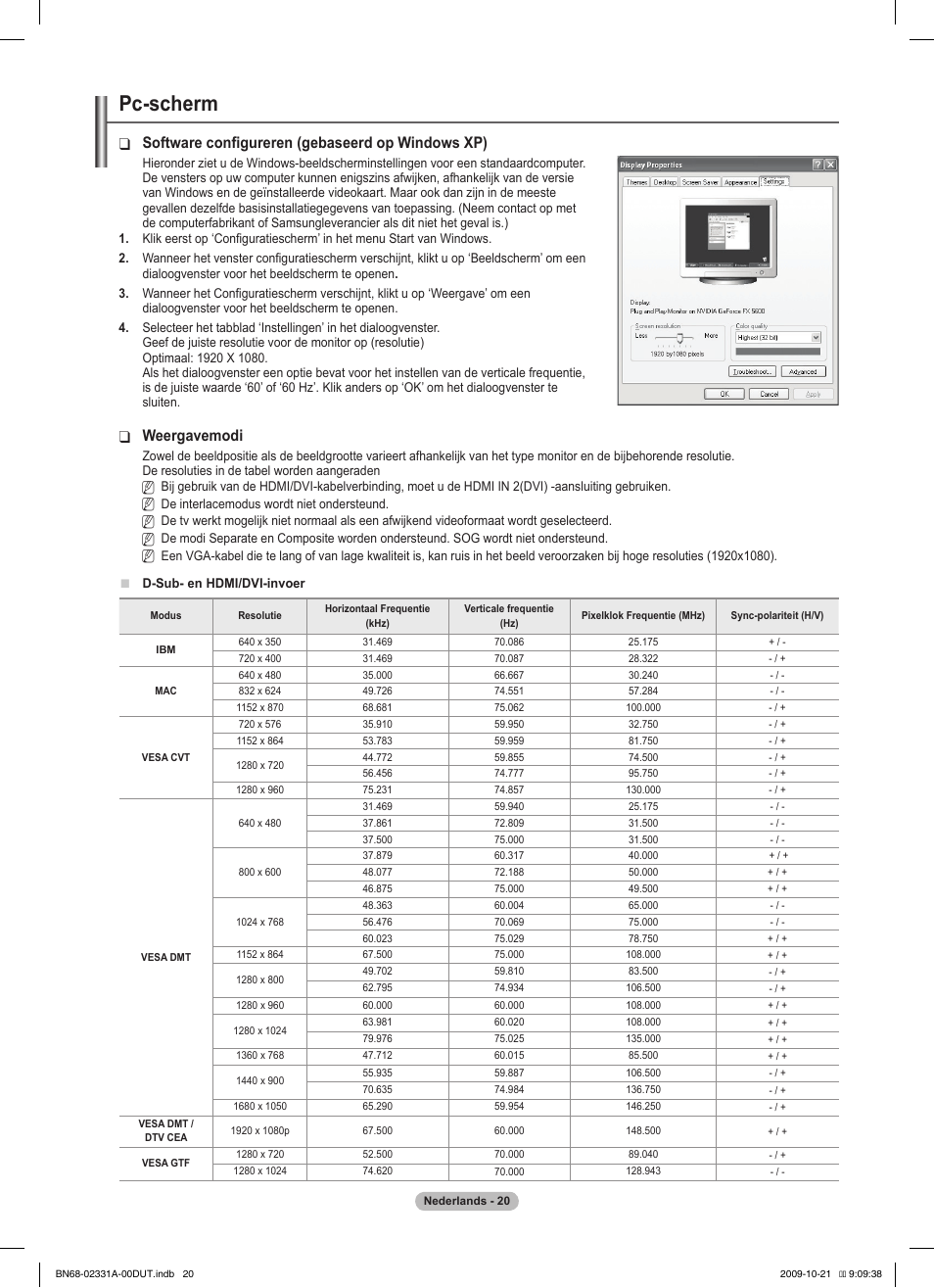 Pc-scherm, Software configureren (gebaseerd op windows xp), Weergavemodi | Samsung PS50B551T3W User Manual | Page 164 / 419