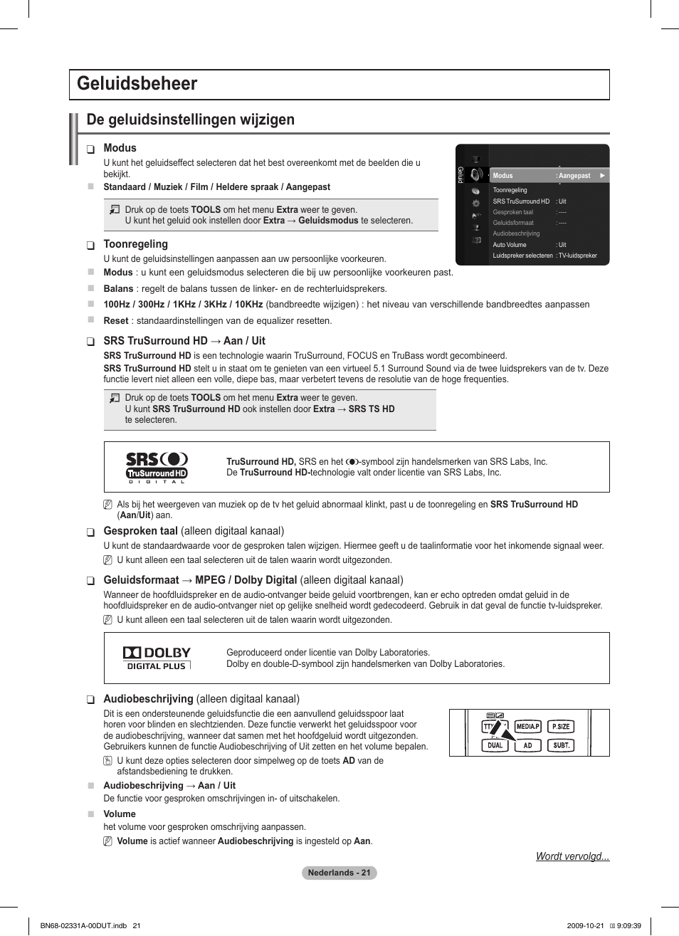 Geluidsbeheer, De geluidsinstellingen wijzigen | Samsung PS50B551T3W User Manual | Page 165 / 419