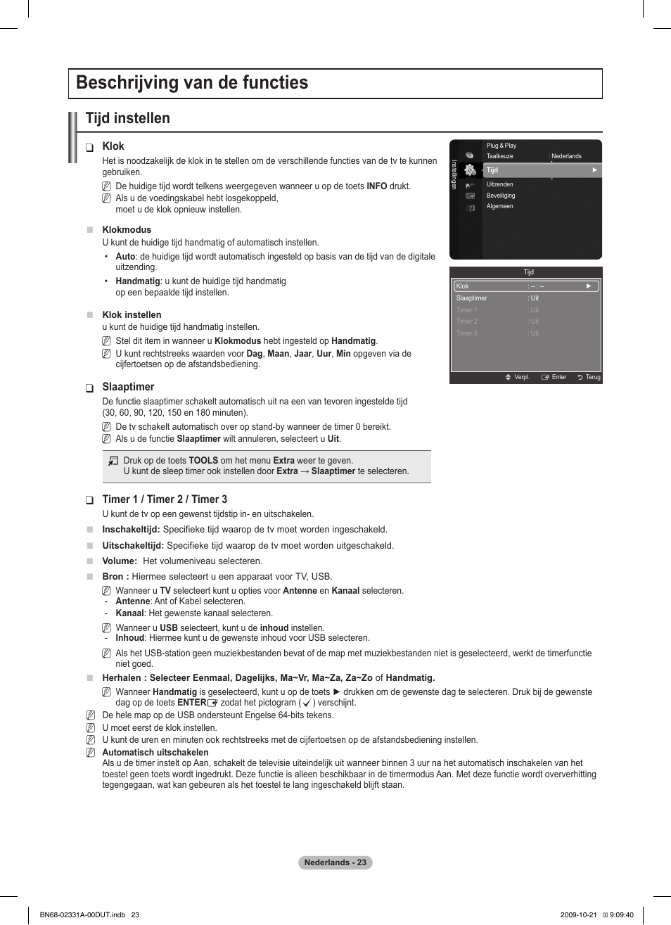 Beschrijving van de functies, Tijd instellen | Samsung PS50B551T3W User Manual | Page 167 / 419