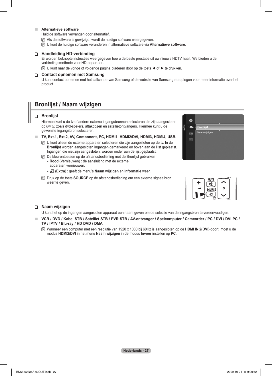 Bronlijst / naam wijzigen | Samsung PS50B551T3W User Manual | Page 171 / 419