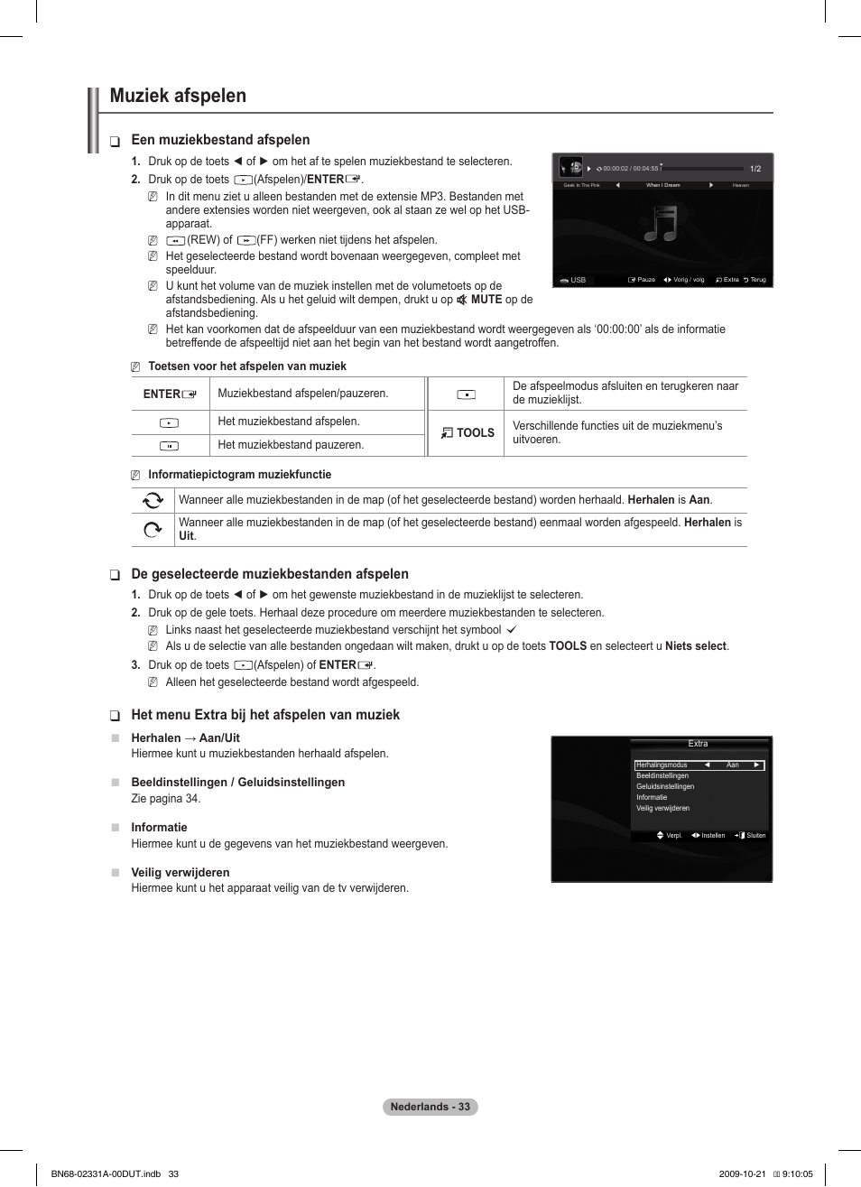 Muziek afspelen, Een muziekbestand afspelen, De geselecteerde muziekbestanden afspelen | Het menu extra bij het afspelen van muziek | Samsung PS50B551T3W User Manual | Page 177 / 419