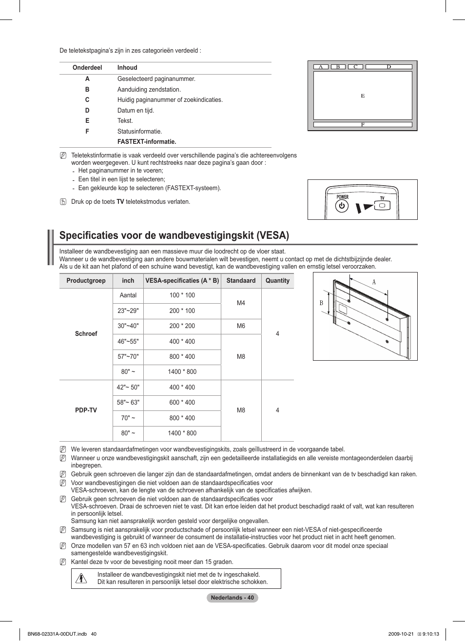 Specificaties voor de wandbevestigingskit (vesa) | Samsung PS50B551T3W User Manual | Page 184 / 419