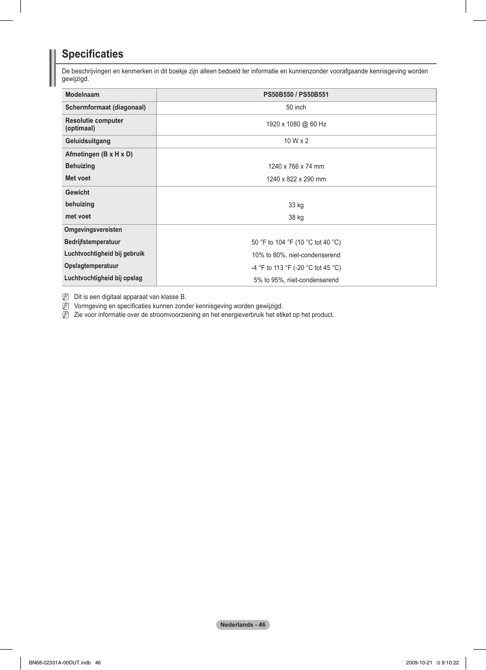 Specificaties | Samsung PS50B551T3W User Manual | Page 190 / 419