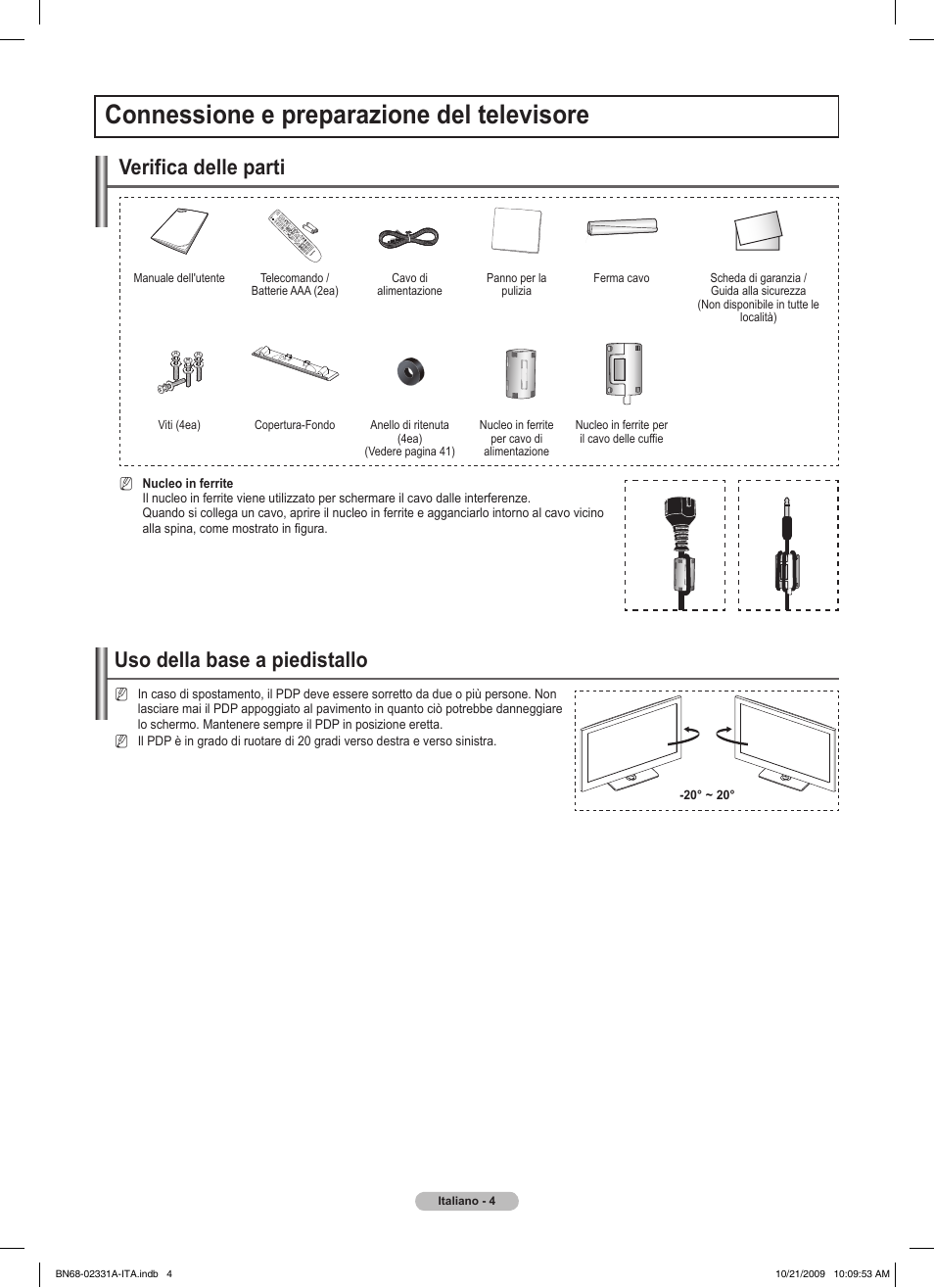 Connessione e preparazione del televisore, Uso della base a piedistallo, Verifica delle parti | Samsung PS50B551T3W User Manual | Page 193 / 419