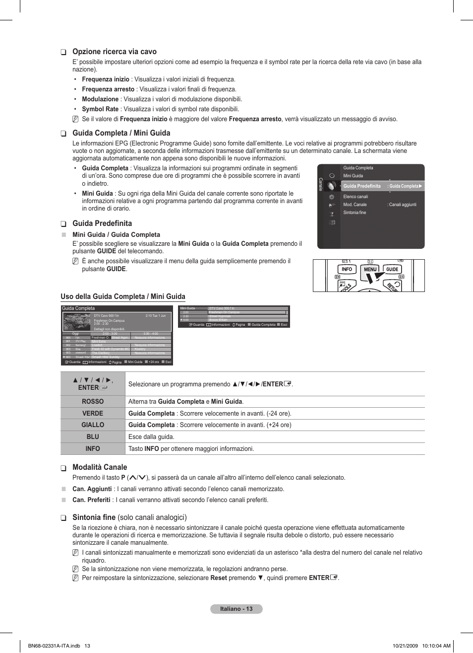 Opzione ricerca via cavo, Guida completa / mini guida, Guida predefinita | Modalità canale, Sintonia fine ❑ (solo canali analogici), Uso della guida completa / mini guida | Samsung PS50B551T3W User Manual | Page 202 / 419