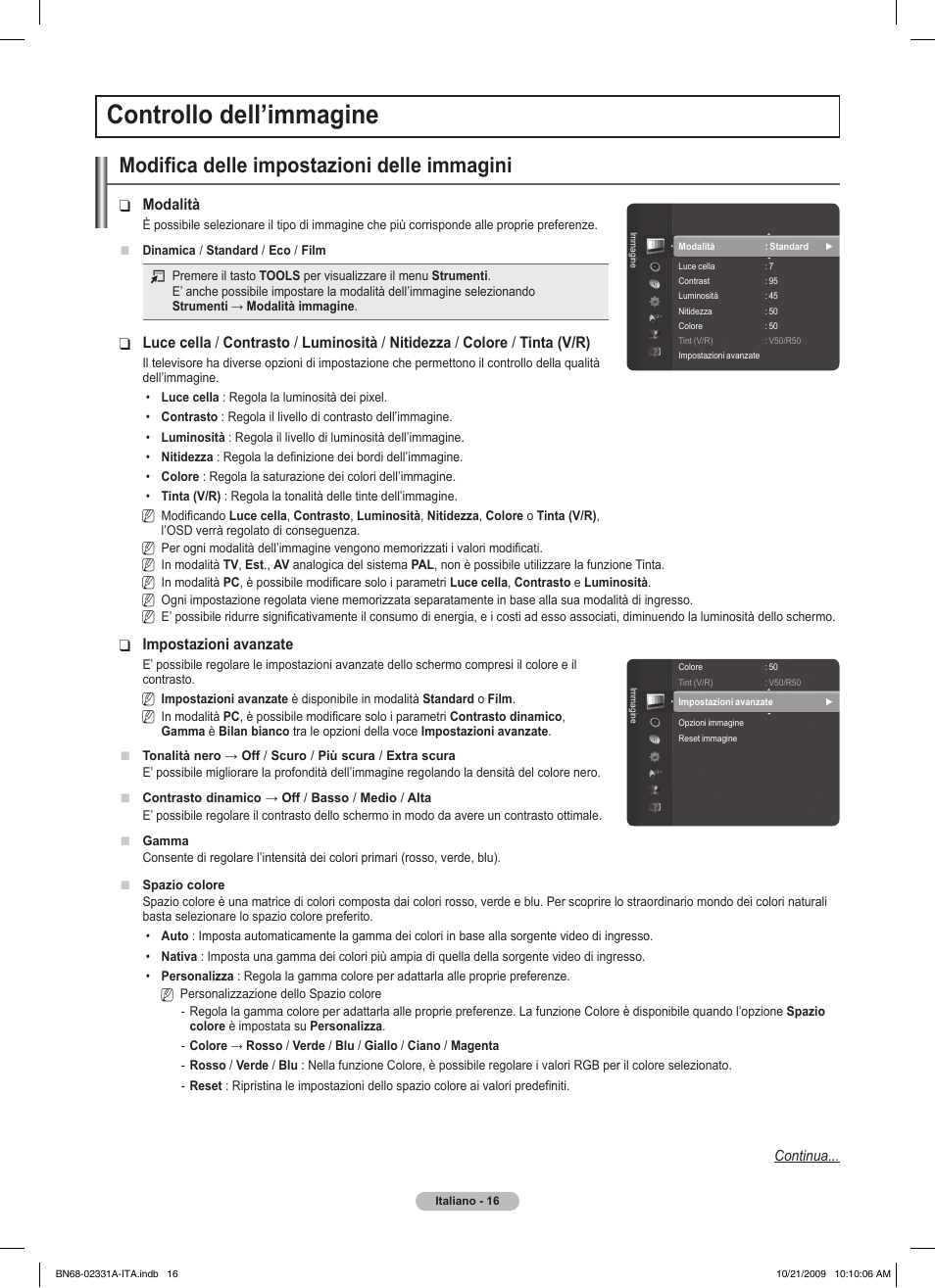 Controllo dell’immagine, Modifica delle impostazioni delle immagini | Samsung PS50B551T3W User Manual | Page 205 / 419