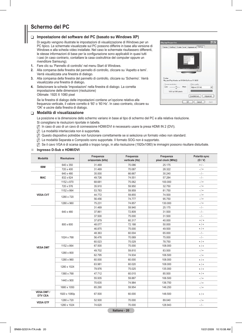 Schermo del pc, Modalità di visualizzazione | Samsung PS50B551T3W User Manual | Page 209 / 419