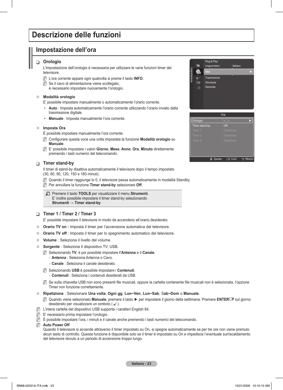 Descrizione delle funzioni, Impostazione dell’ora | Samsung PS50B551T3W User Manual | Page 212 / 419