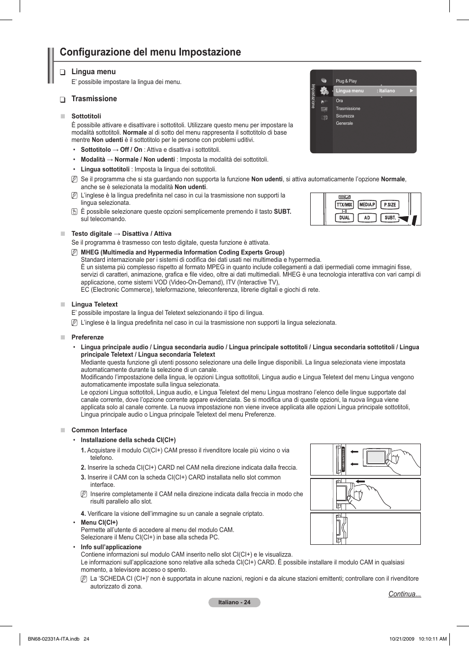 Configurazione del menu impostazione | Samsung PS50B551T3W User Manual | Page 213 / 419