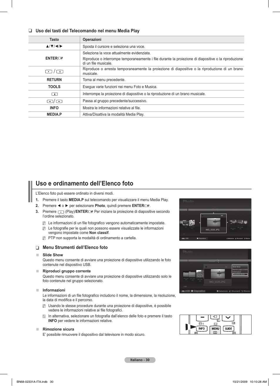 Uso e ordinamento dell’elenco foto, Uso dei tasti del telecomando nel menu media play, Menu strumenti dell’elenco foto | Samsung PS50B551T3W User Manual | Page 219 / 419