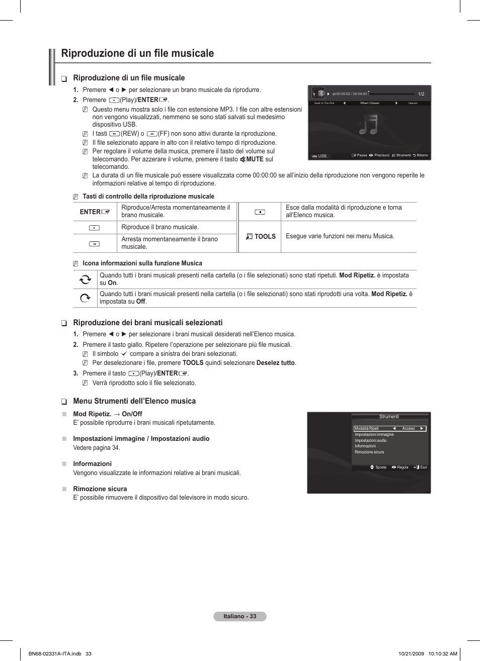 Riproduzione di un file musicale, Riproduzione dei brani musicali selezionati, Menu strumenti dell’elenco musica | Samsung PS50B551T3W User Manual | Page 222 / 419