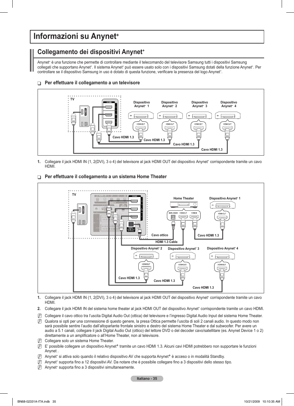 Informazioni su anynet, Collegamento dei dispositivi anynet, Per effettuare il collegamento a un televisore | Samsung PS50B551T3W User Manual | Page 224 / 419