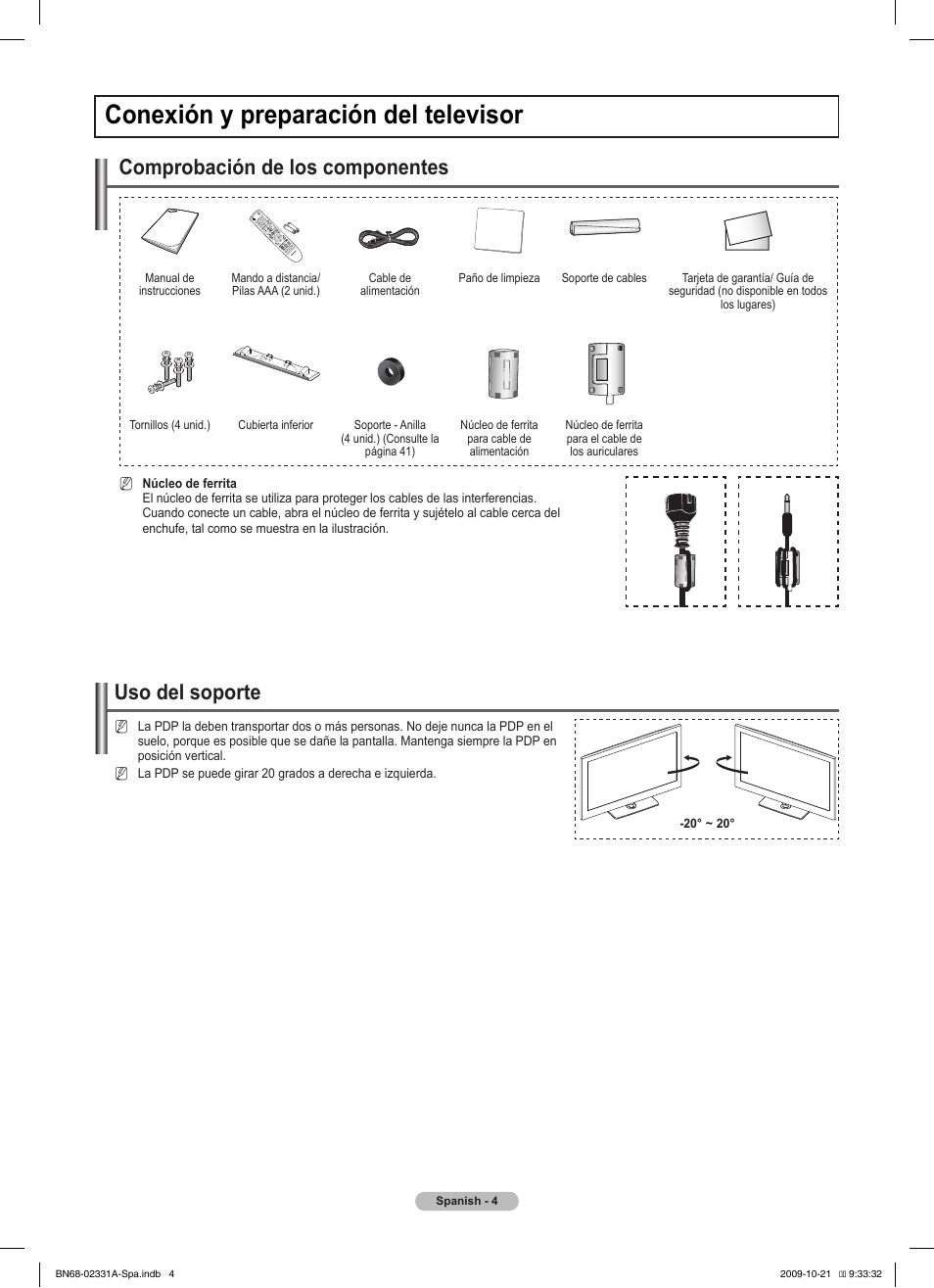 Conexión y preparación del televisor, Uso del soporte, Comprobación de los componentes | Samsung PS50B551T3W User Manual | Page 239 / 419