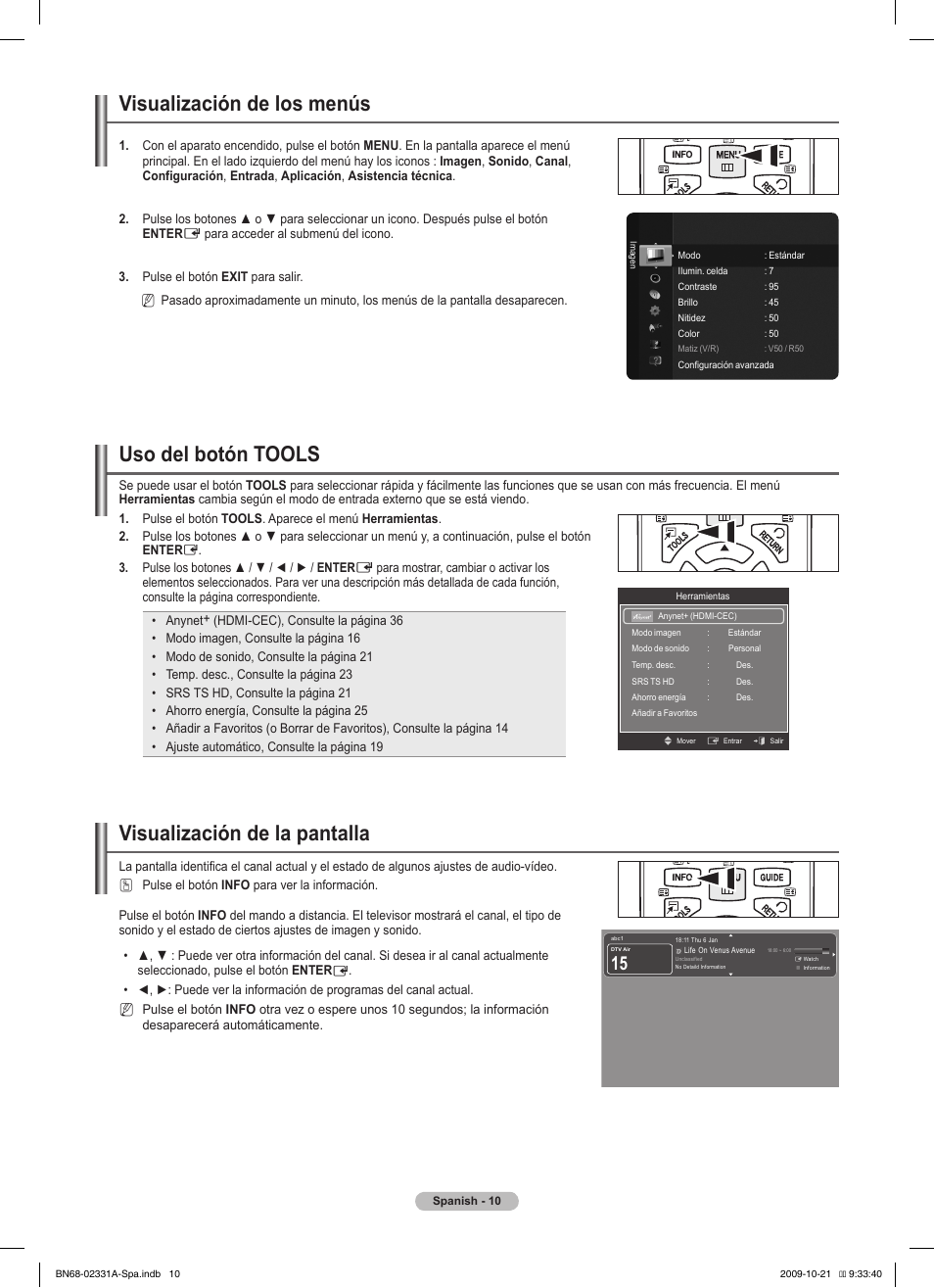 Visualización de los menús, Uso del botón tools, Visualización de la pantalla | Samsung PS50B551T3W User Manual | Page 245 / 419