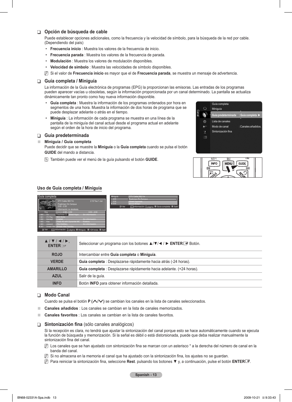 Opción de búsqueda de cable, Guía completa / miniguía, Guía predeterminada | Modo canal, Sintonización fina ❑ (sólo canales analógicos), Uso de guía completa / miniguía | Samsung PS50B551T3W User Manual | Page 248 / 419