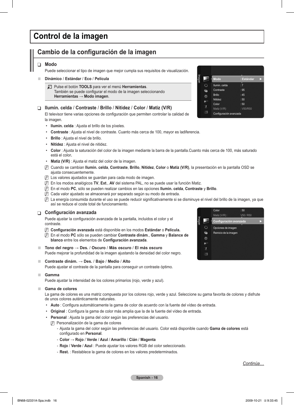 Control de la imagen, Cambio de la configuración de la imagen | Samsung PS50B551T3W User Manual | Page 251 / 419