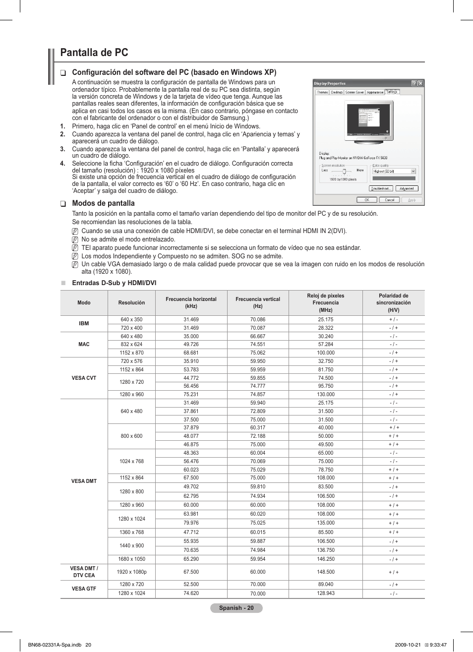 Pantalla de pc, Modos de pantalla | Samsung PS50B551T3W User Manual | Page 255 / 419