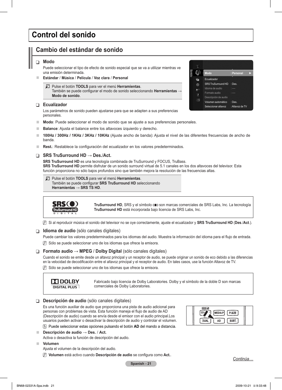 Control del sonido, Cambio del estándar de sonido | Samsung PS50B551T3W User Manual | Page 256 / 419