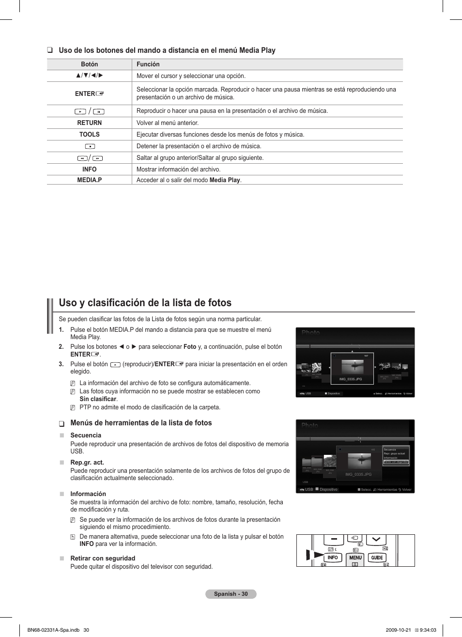 Uso y clasificación de la lista de fotos, Menús de herramientas de la lista de fotos | Samsung PS50B551T3W User Manual | Page 265 / 419