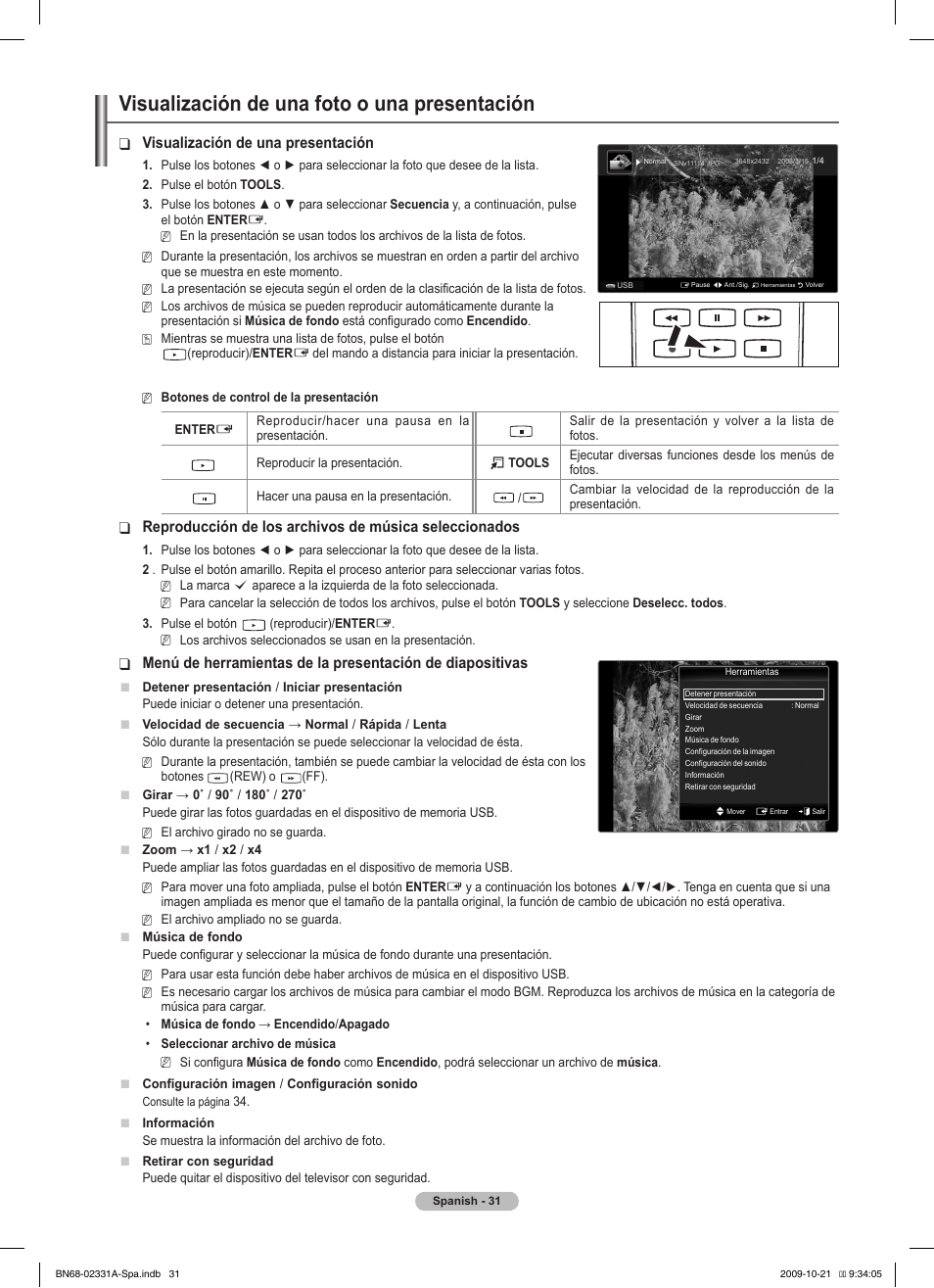 Visualización de una foto o una presentación, Visualización de una presentación | Samsung PS50B551T3W User Manual | Page 266 / 419