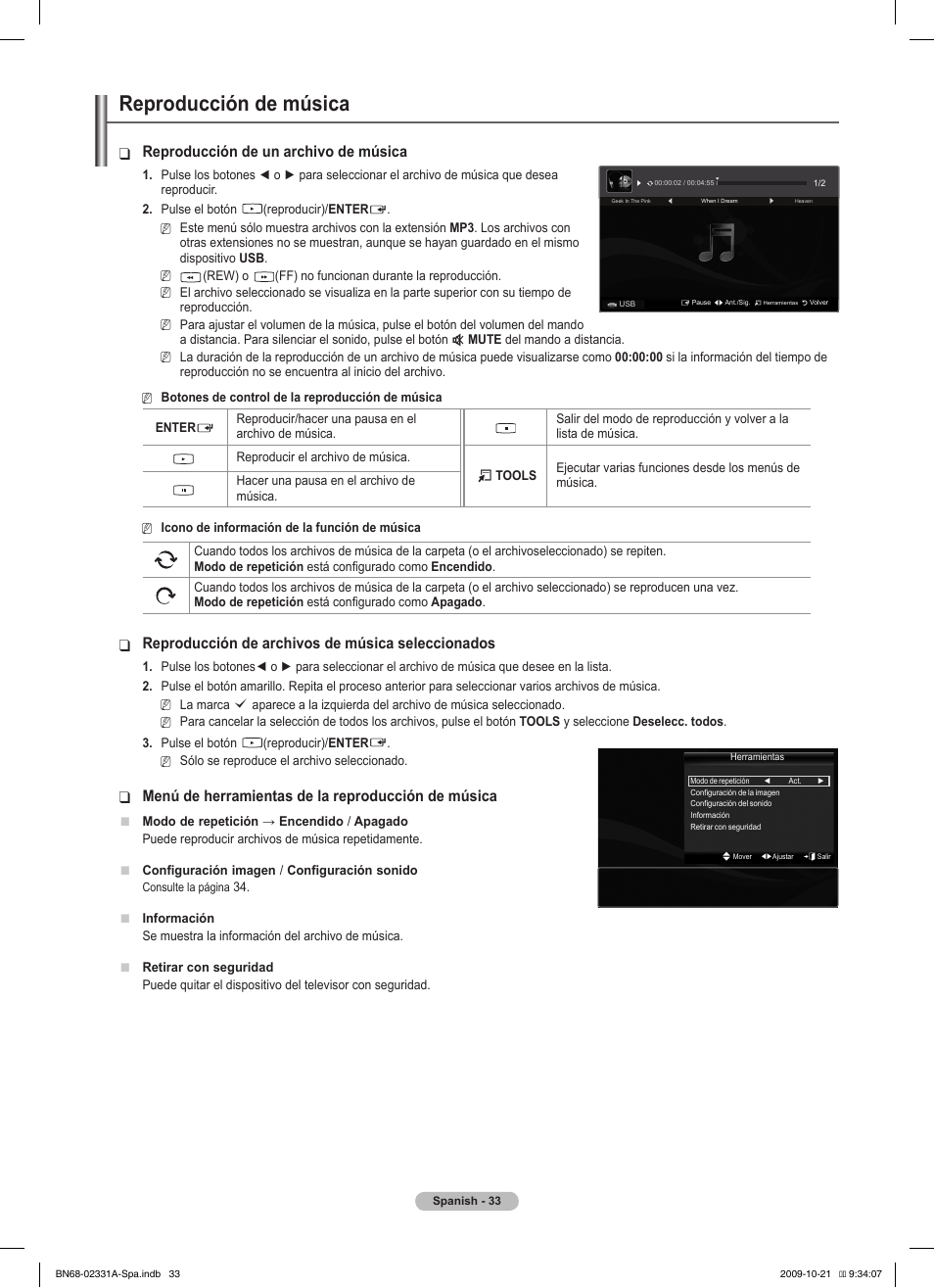 Reproducción de música, Reproducción de un archivo de música, Reproducción de archivos de música seleccionados | Menú de herramientas de la reproducción de música | Samsung PS50B551T3W User Manual | Page 268 / 419