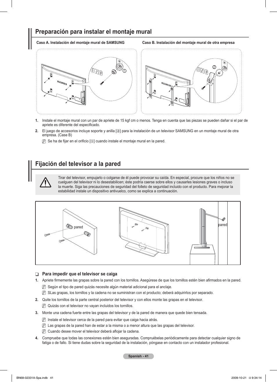 경고 주의 경고 주의, Preparación para instalar el montaje mural, Fijación del televisor a la pared | Samsung PS50B551T3W User Manual | Page 276 / 419