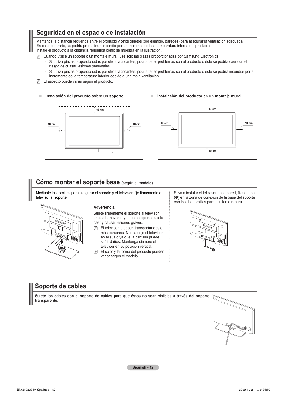 Seguridad en el espacio de instalación, Cómo montar el soporte base, Soporte de cables | Samsung PS50B551T3W User Manual | Page 277 / 419