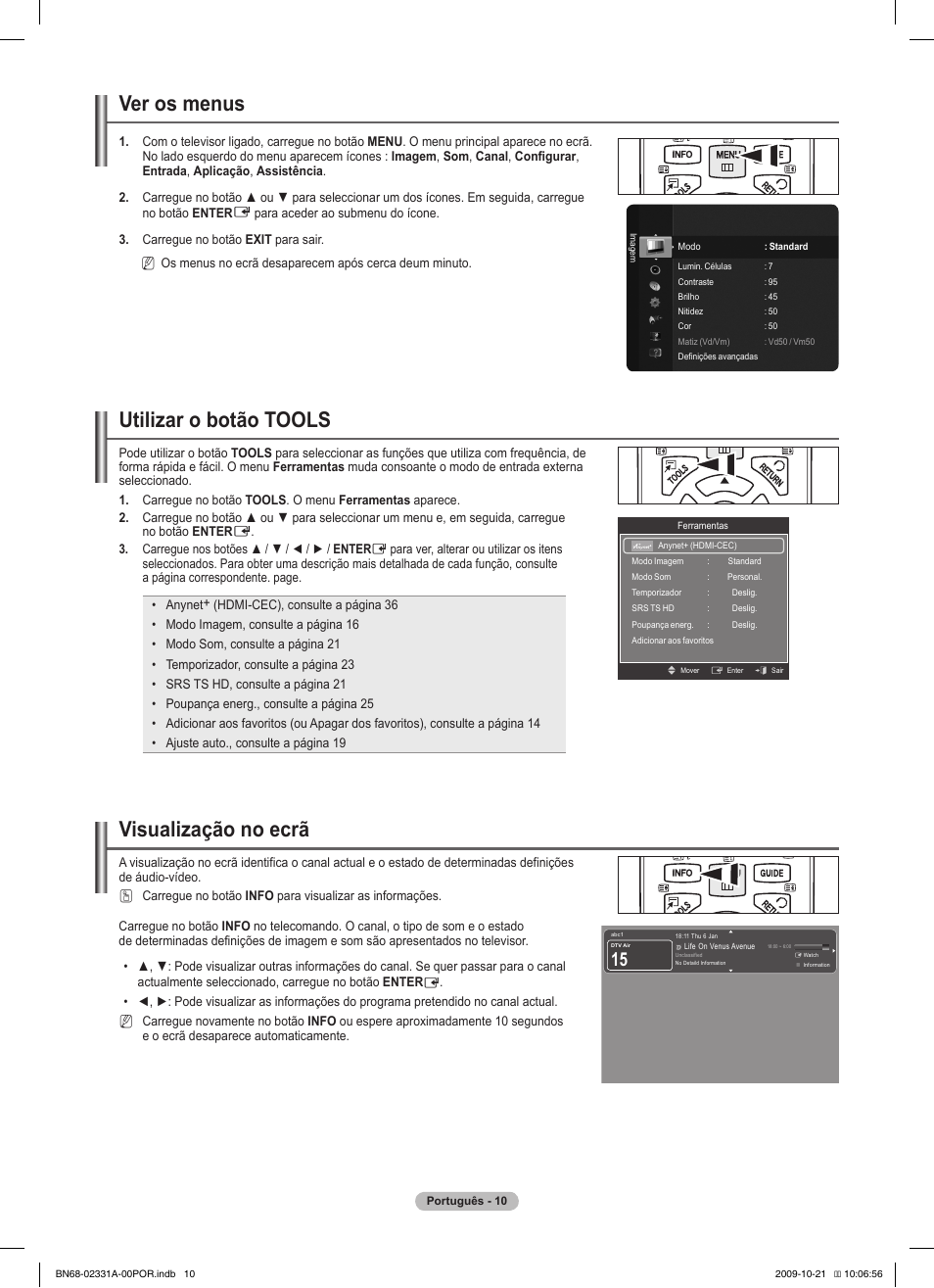 Ver os menus, Utilizar o botão tools, Visualização no ecrã | Samsung PS50B551T3W User Manual | Page 290 / 419