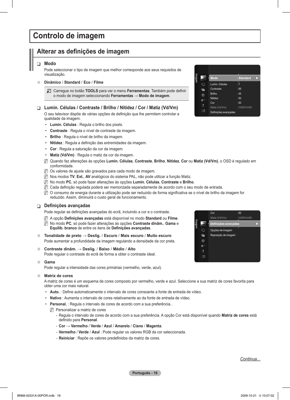 Controlo de imagem, Alterar as definições de imagem | Samsung PS50B551T3W User Manual | Page 296 / 419