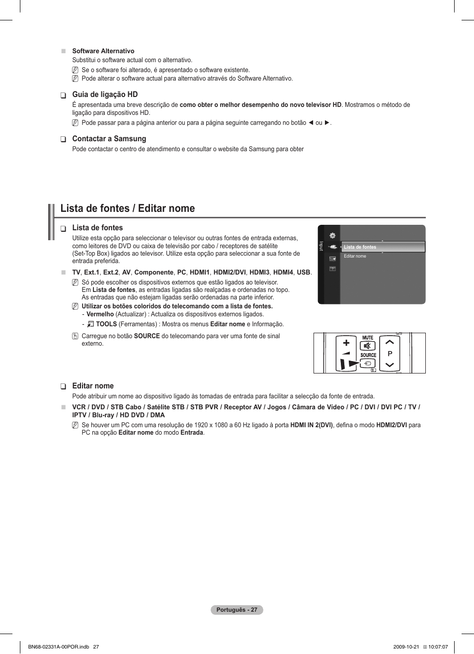 Lista de fontes / editar nome | Samsung PS50B551T3W User Manual | Page 307 / 419