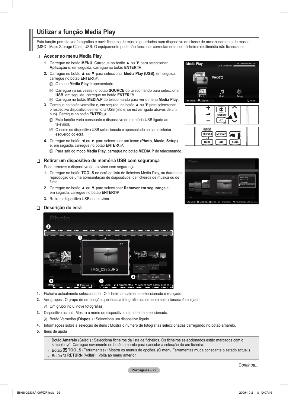 Utilizar a função media play, Aceder ao menu media play, Descrição do ecrã | Continua | Samsung PS50B551T3W User Manual | Page 309 / 419