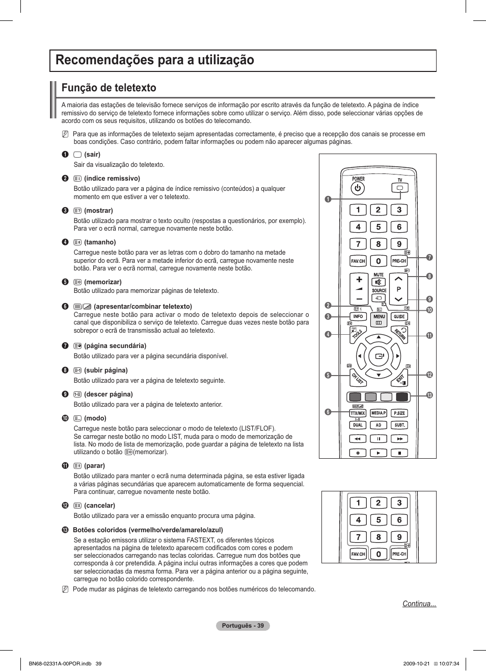 Recomendações para a utilização, Função de teletexto | Samsung PS50B551T3W User Manual | Page 319 / 419