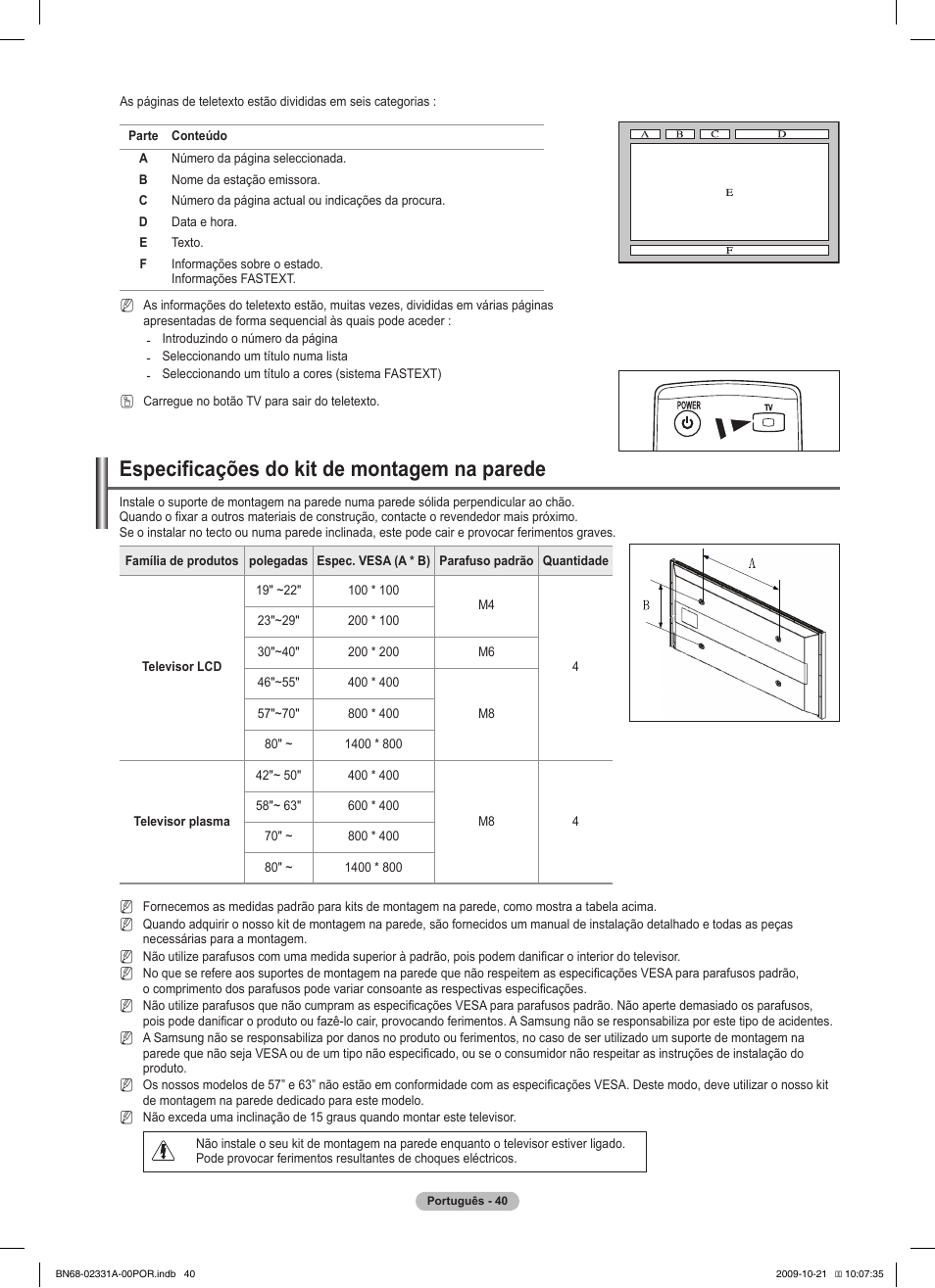 Especificações do kit de montagem na parede | Samsung PS50B551T3W User Manual | Page 320 / 419