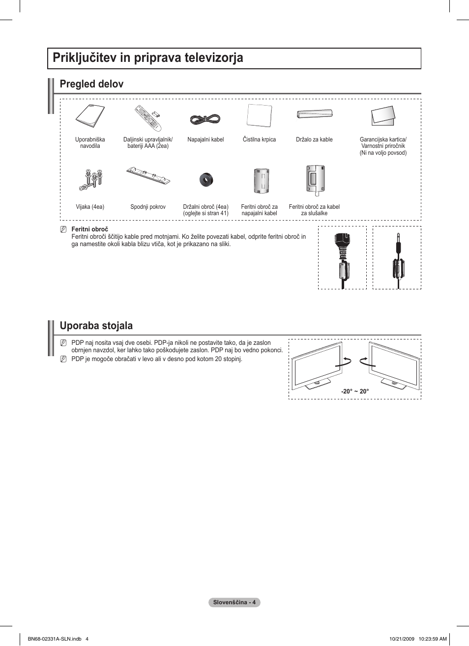 Priključitev in priprava televizorja, Uporaba stojala, Pregled delov | Samsung PS50B551T3W User Manual | Page 329 / 419