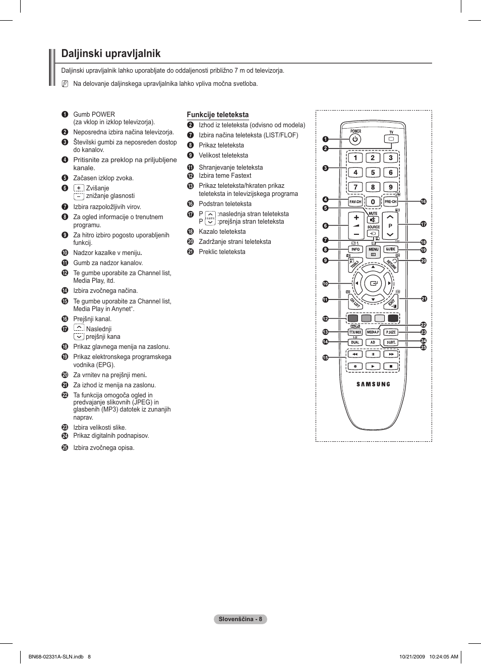 Daljinski upravljalnik | Samsung PS50B551T3W User Manual | Page 333 / 419