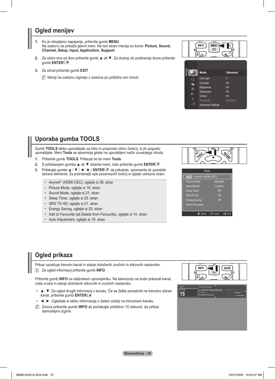 Ogled menijev, Uporaba gumba tools, Ogled prikaza | Samsung PS50B551T3W User Manual | Page 335 / 419