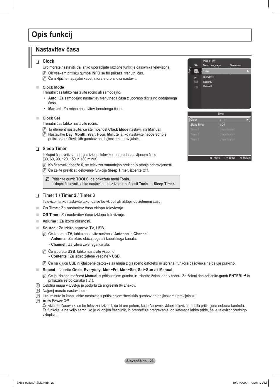 Opis funkcij, Nastavitev časa | Samsung PS50B551T3W User Manual | Page 348 / 419