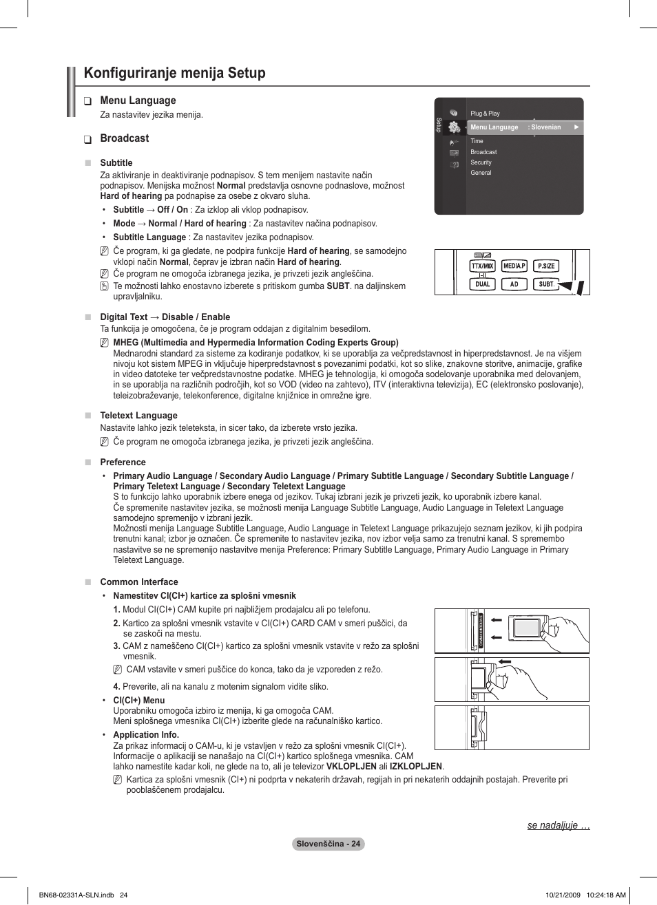 Konfiguriranje menija setup | Samsung PS50B551T3W User Manual | Page 349 / 419