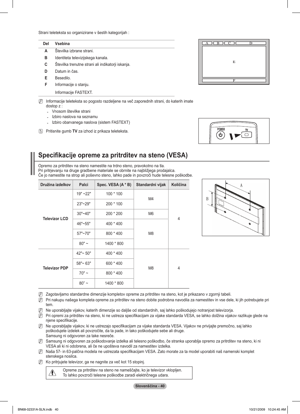 Specifikacije opreme za pritrditev na steno (vesa) | Samsung PS50B551T3W User Manual | Page 365 / 419