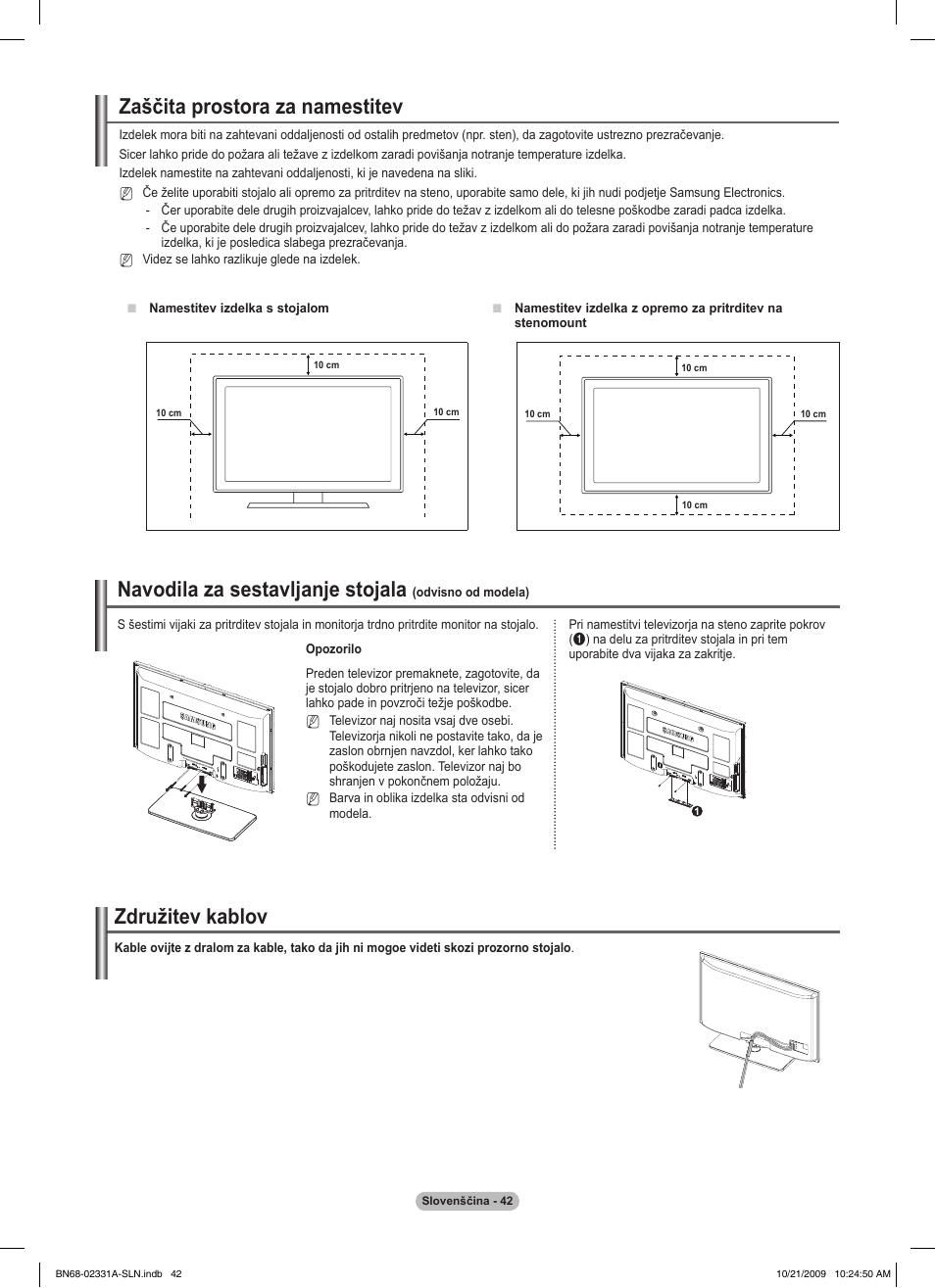 Zaščita prostora za namestitev, Združitev kablov, Navodila za sestavljanje stojala | Samsung PS50B551T3W User Manual | Page 367 / 419