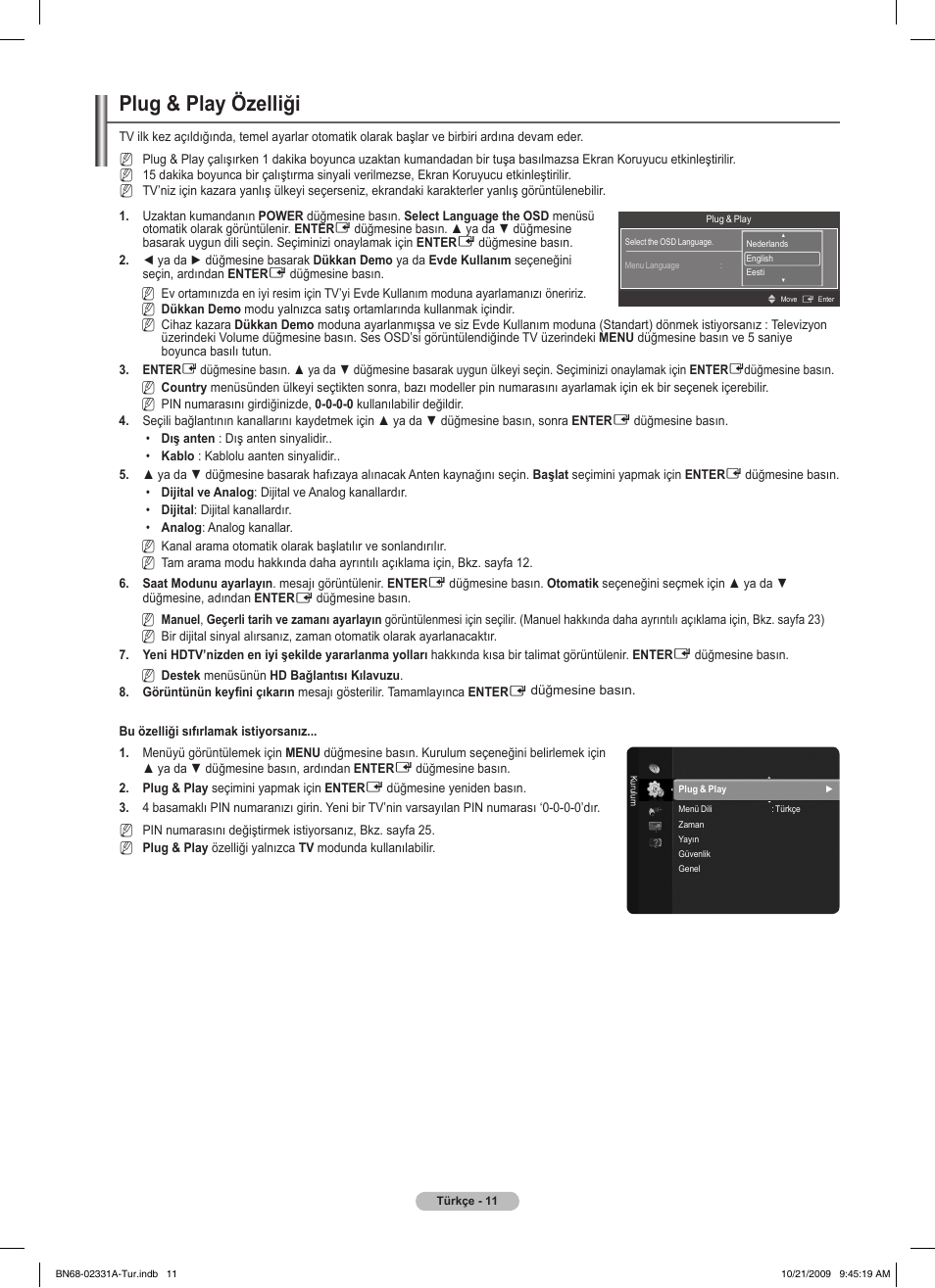 Plug & play özelliği | Samsung PS50B551T3W User Manual | Page 381 / 419